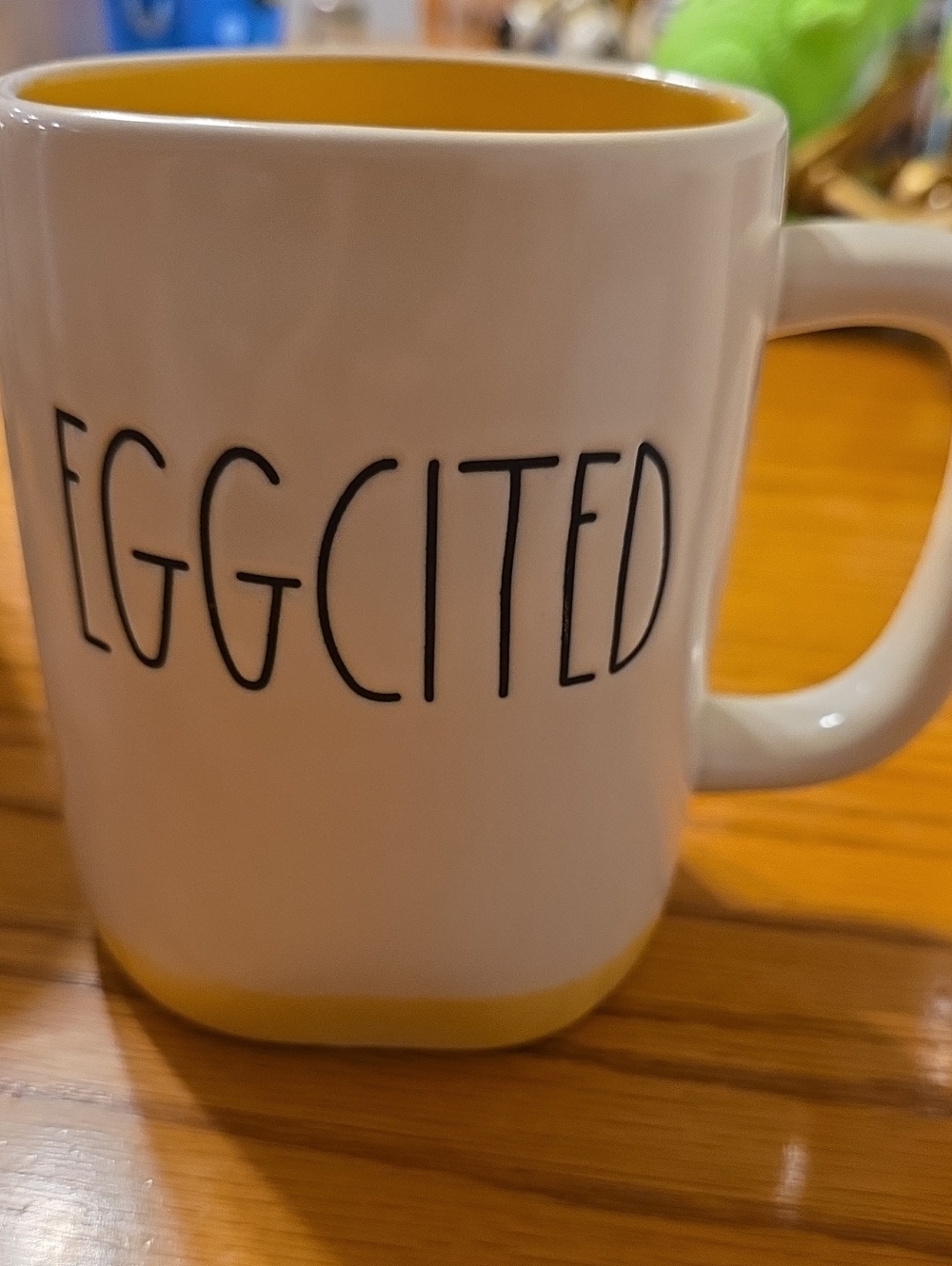 Rae Dunn. Ceramic 'EGGCITED' White and Yellow Coffee Mug